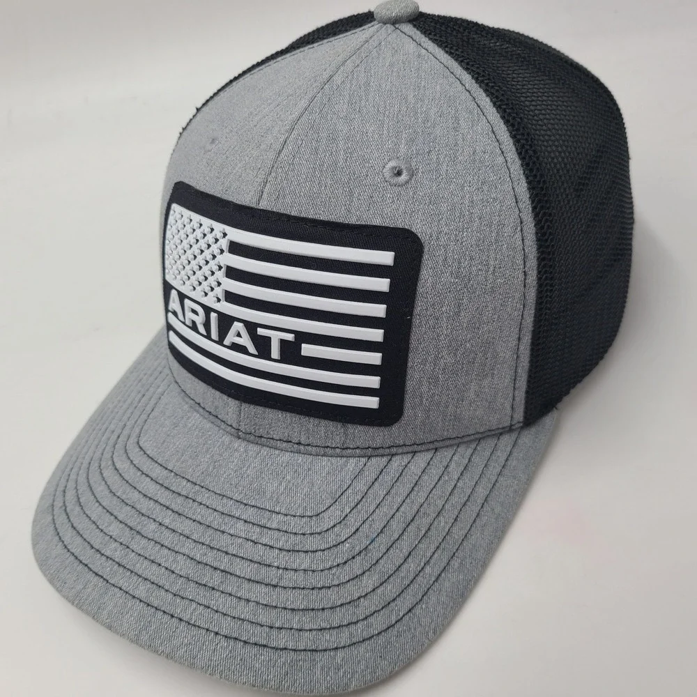 Youth Ariat Hat Snapback Trucker Mesh Gray Black American Flag Patch USA Outdoor